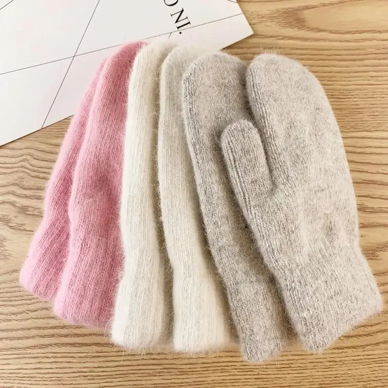 1 Pair Double-layer Rabbit Hair Gloves Female Winter Korean Version of Solid Color All Fingers Winter Women Gloves Girls Mittens