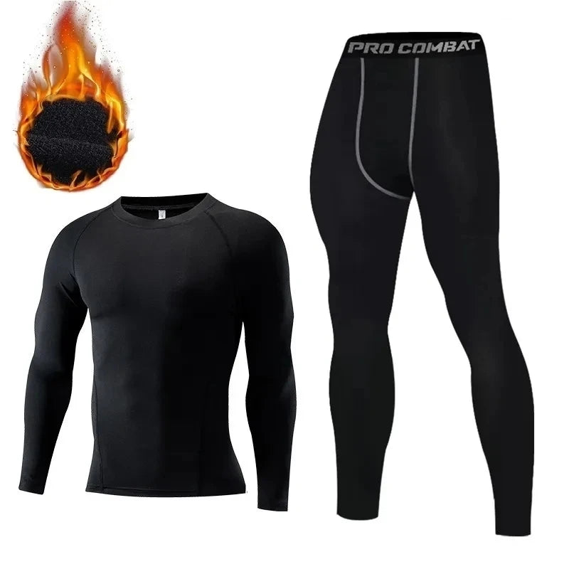 New 2-pieces Winter Warm Men Underwear Set Fleece Thermal Undershirts Compression Tights Fitness Sports Tracksuit Set