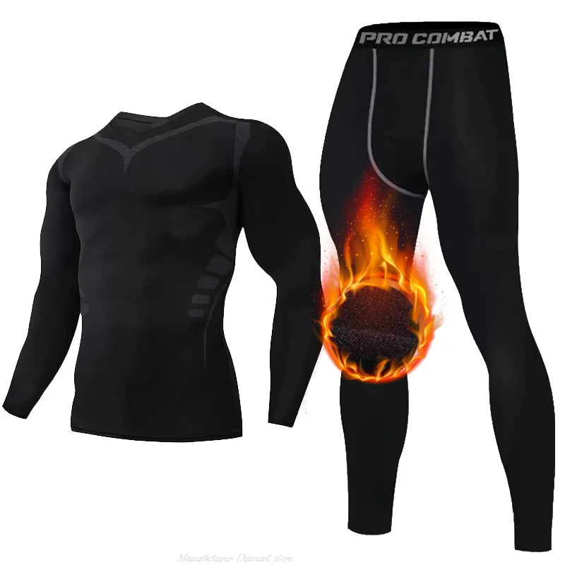 New 2-pieces Winter Warm Men Underwear Set Fleece Thermal Undershirts Compression Tights Fitness Sports Tracksuit Set