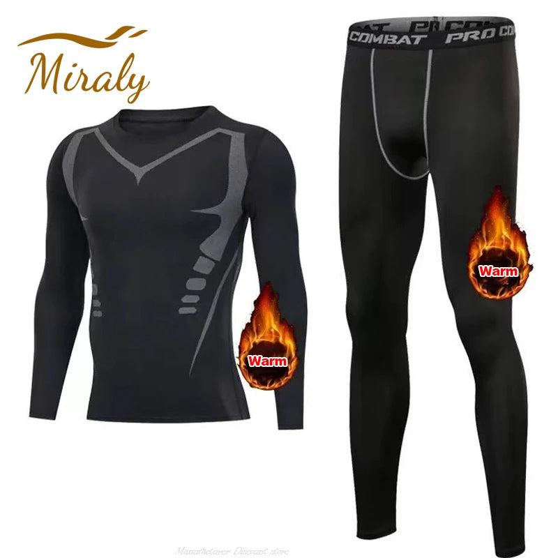 New 2-pieces Winter Warm Men Underwear Set Fleece Thermal Undershirts Compression Tights Fitness Sports Tracksuit Set