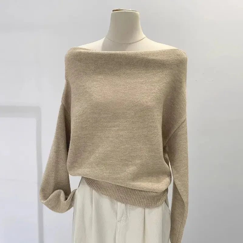 French Lazy Style Off-Shoulder Loose Knitted Base Shirt Women's Autumn Winter Thin Slimming Shoulder Sweater No Sleeve