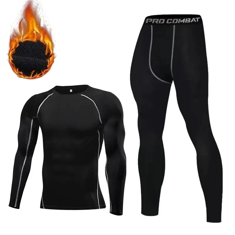 New 2-pieces Winter Warm Men Underwear Set Fleece Thermal Undershirts Compression Tights Fitness Sports Tracksuit Set