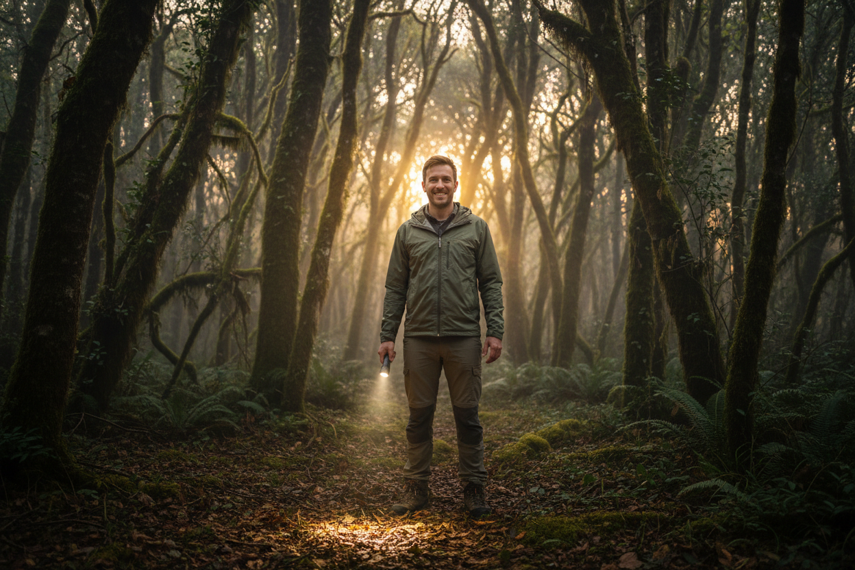 A guy in the middle of the woods with a flash light and a wind breaker smiling at the camera 